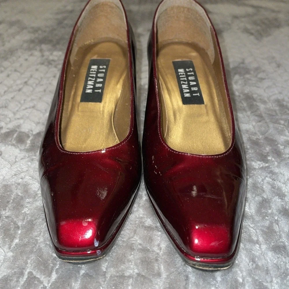 Stuart Weitzman Burgundy Printed Patent Leather Square Toe Pumps. Size 6.5.‎